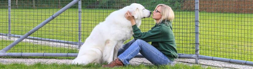 Eine junge Frau schmust liebevoll mit einem großen, weißen Hund.